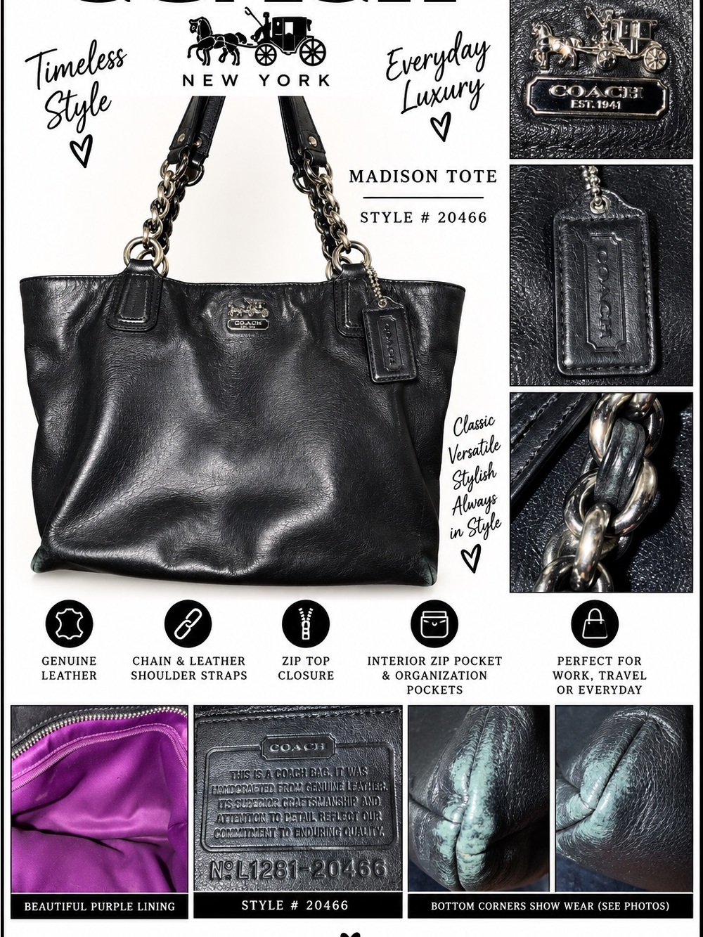 Coach Madison 20466 Black Leather Chain Shoulder Tote Bag Purple Lining